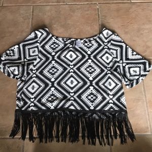Black and white tribal print shirt with fringe